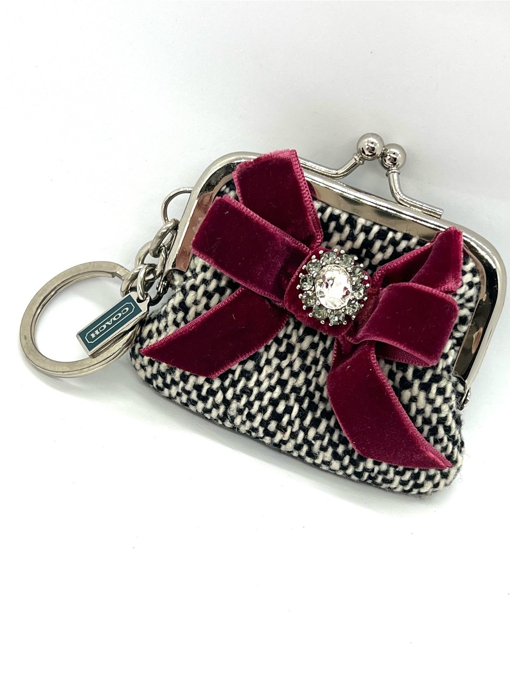 Coach Black & White Tweed Coin Purse with Burgundy Velvet Bow